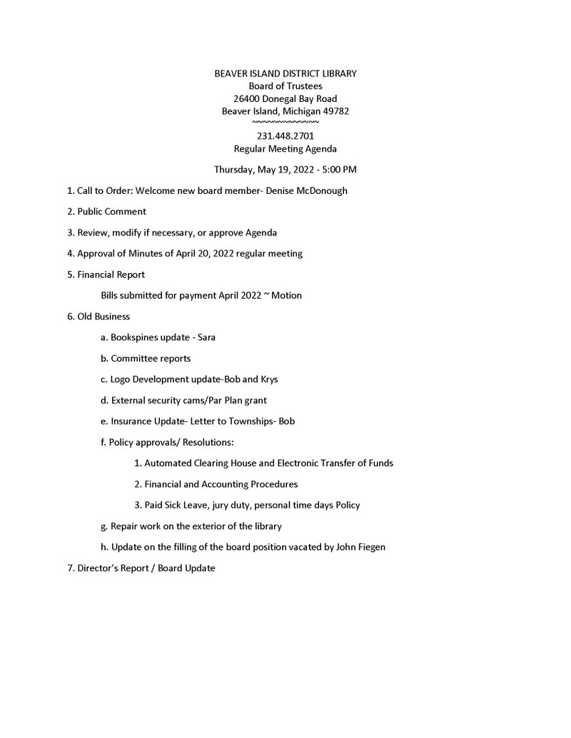 May 19, 2022 Meeting agenda